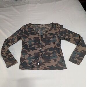 Tresics Camouflage Waffle Knit Cardigan Womens Large Green Brown V-Neck